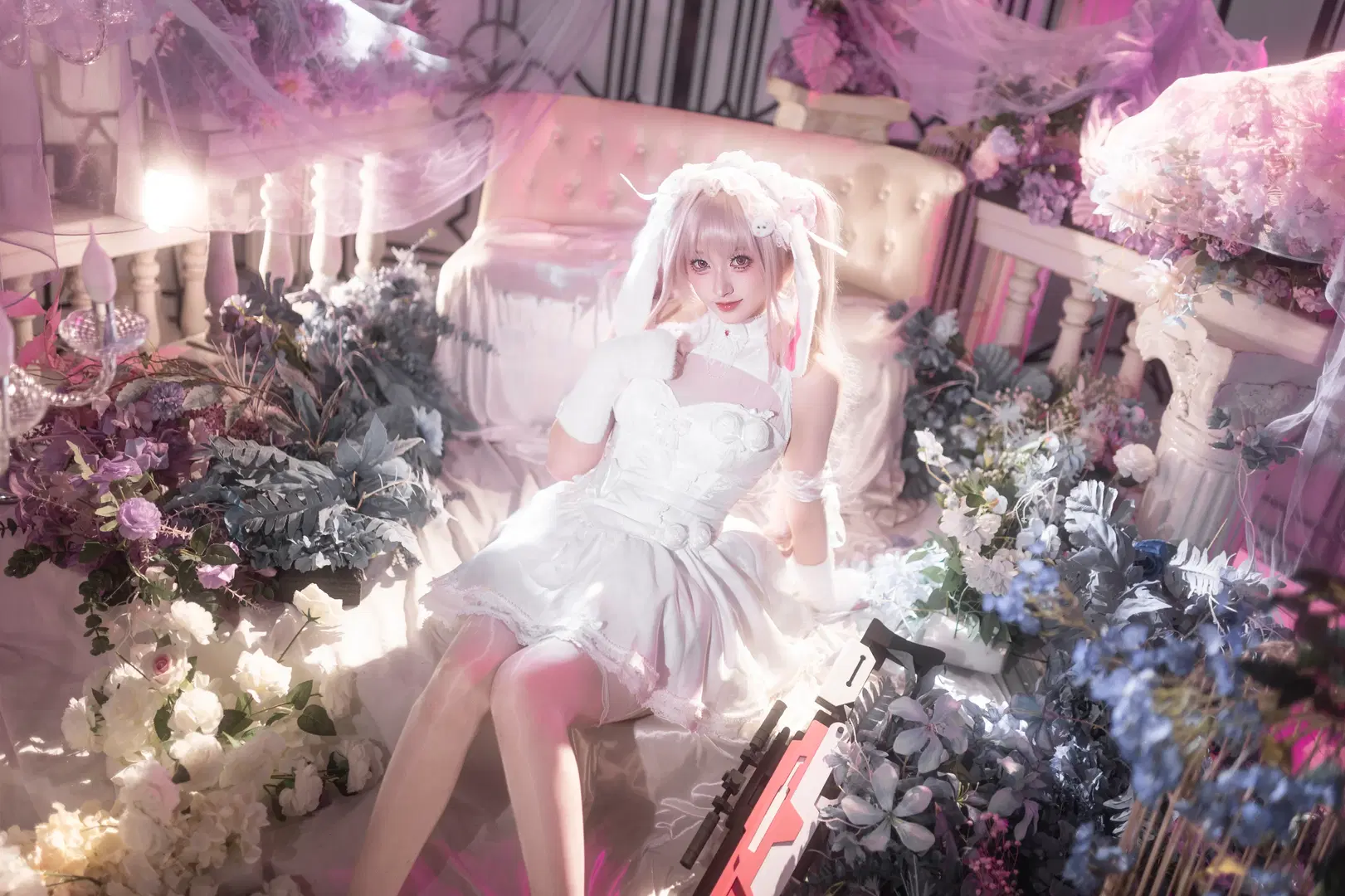 Contrast-Driven Styling: White Stockings, Bunny Ears, Lace Dress, and a Pink-and-White Rifle by lulu吃上热干面了 - Image 2
