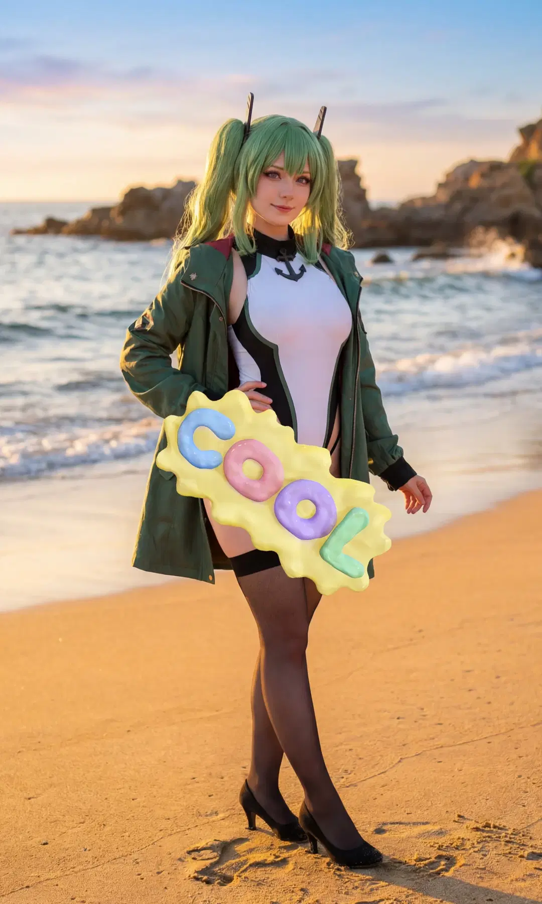 cosplay, 泳装cos, 海边写真, 黑丝, 巴拉卡少校cos