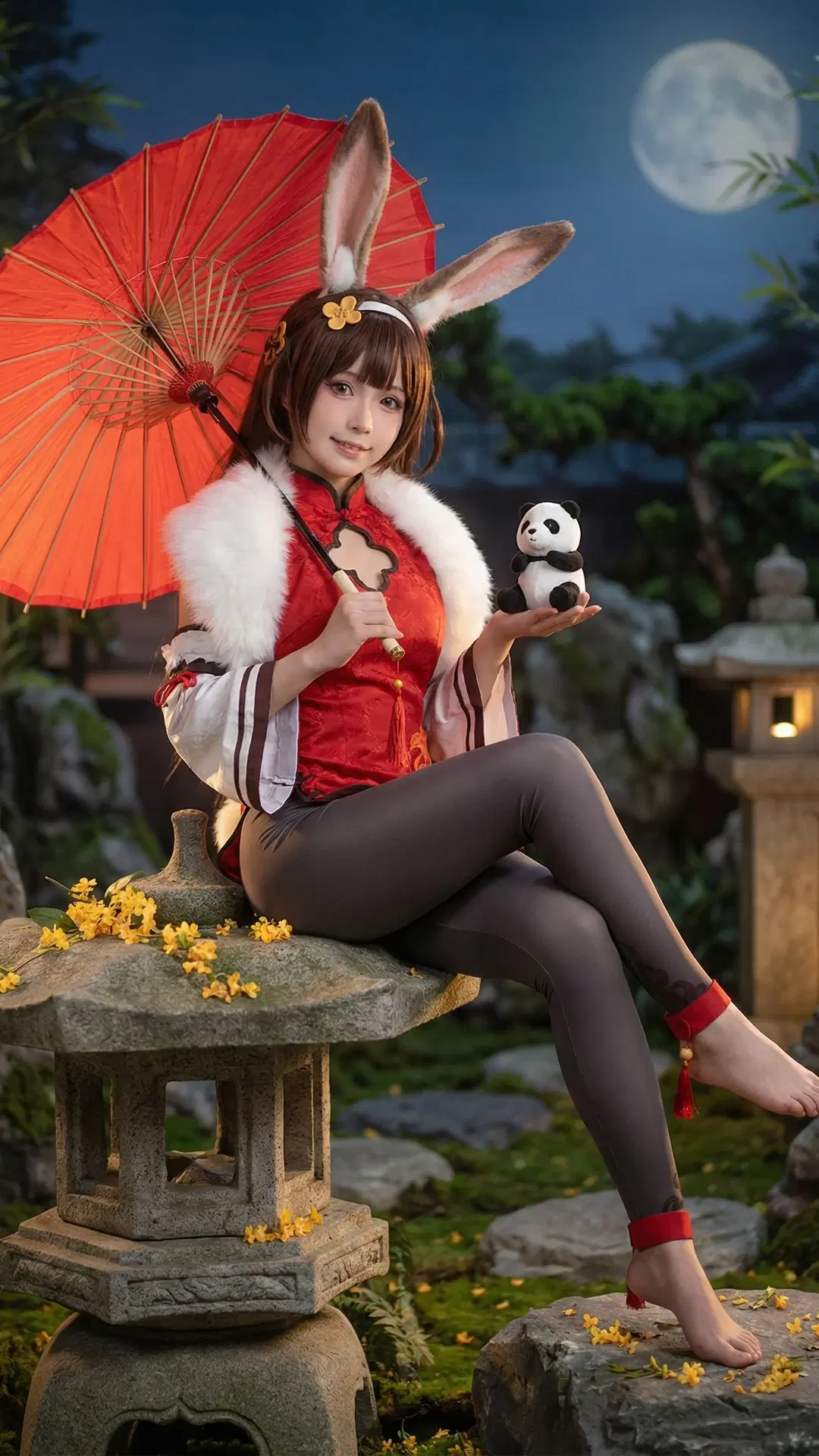 【平海コスプレ】アズールレーン バニーガール、月下の庭園と紅の油紙傘 - 万艳同芳 - 3枚目