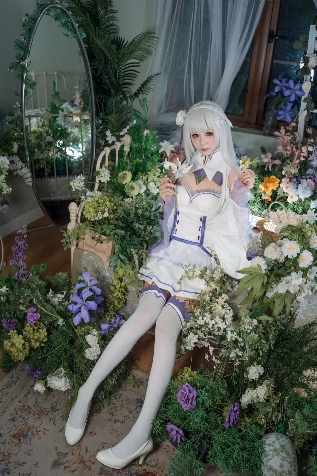Emilia cosplay, White stockings, Re:Zero − Starting Life in Another World, Sea of flowers photo shoot, dreamy vintage