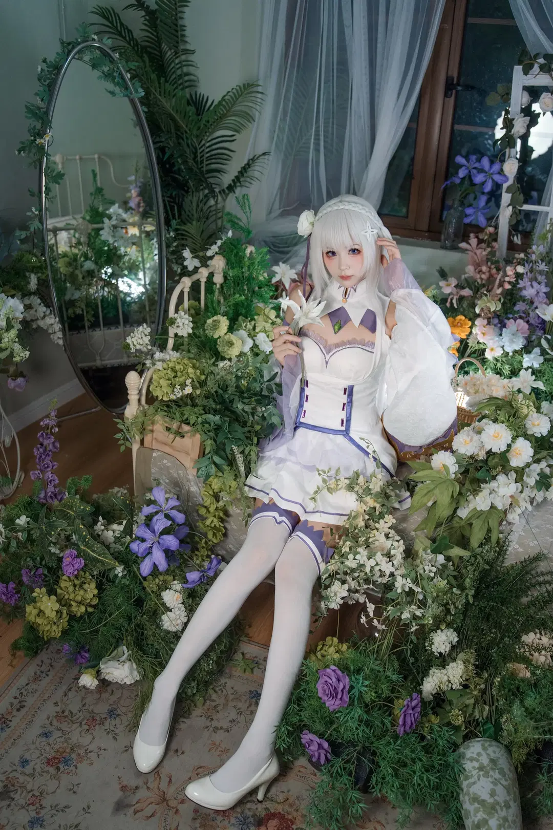 Anime cosplay, White stockings, Re:Zero − Starting Life in Another World, Sea of flowers photo shoot, Emilia cosplay