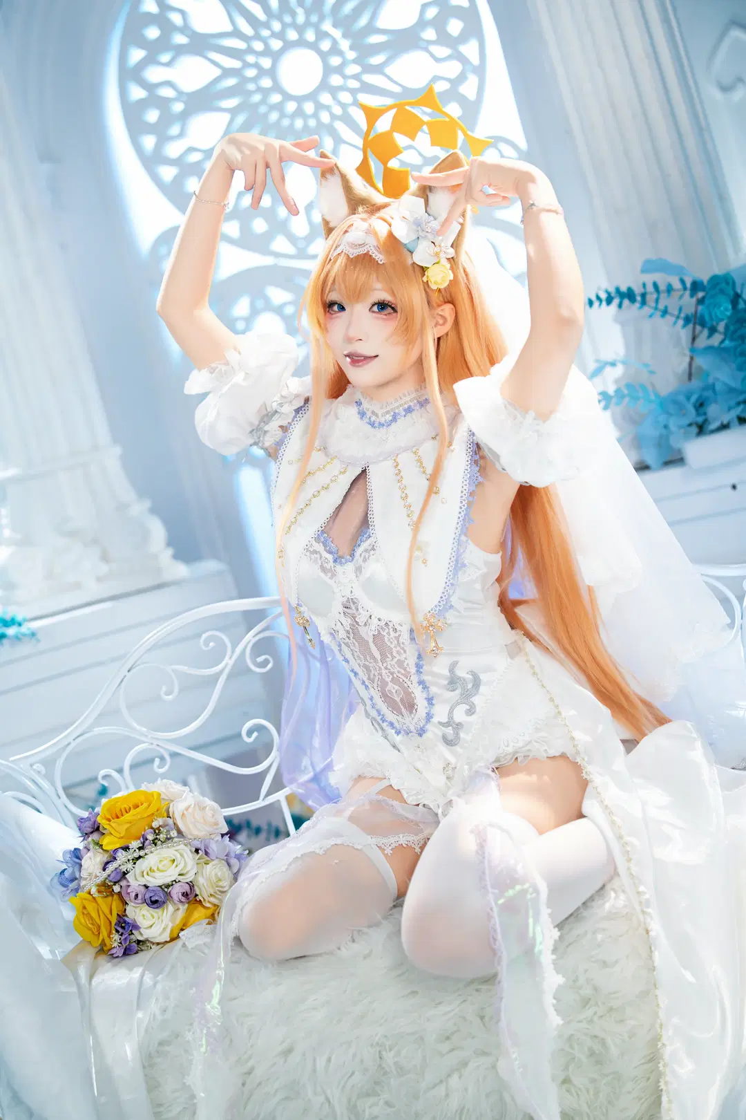 [Marie cosplay] Blue Archive Pure White Oath Bride: White Stockings and Cutout Elegance in Light and Shadow by 茶包 - Image 2