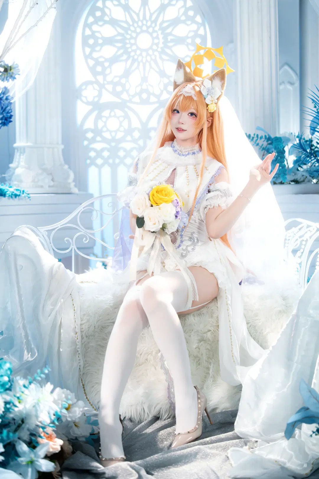 [Marie cosplay] Blue Archive Pure White Oath Bride: White Stockings and Cutout Elegance in Light and Shadow by 茶包 - Image 8