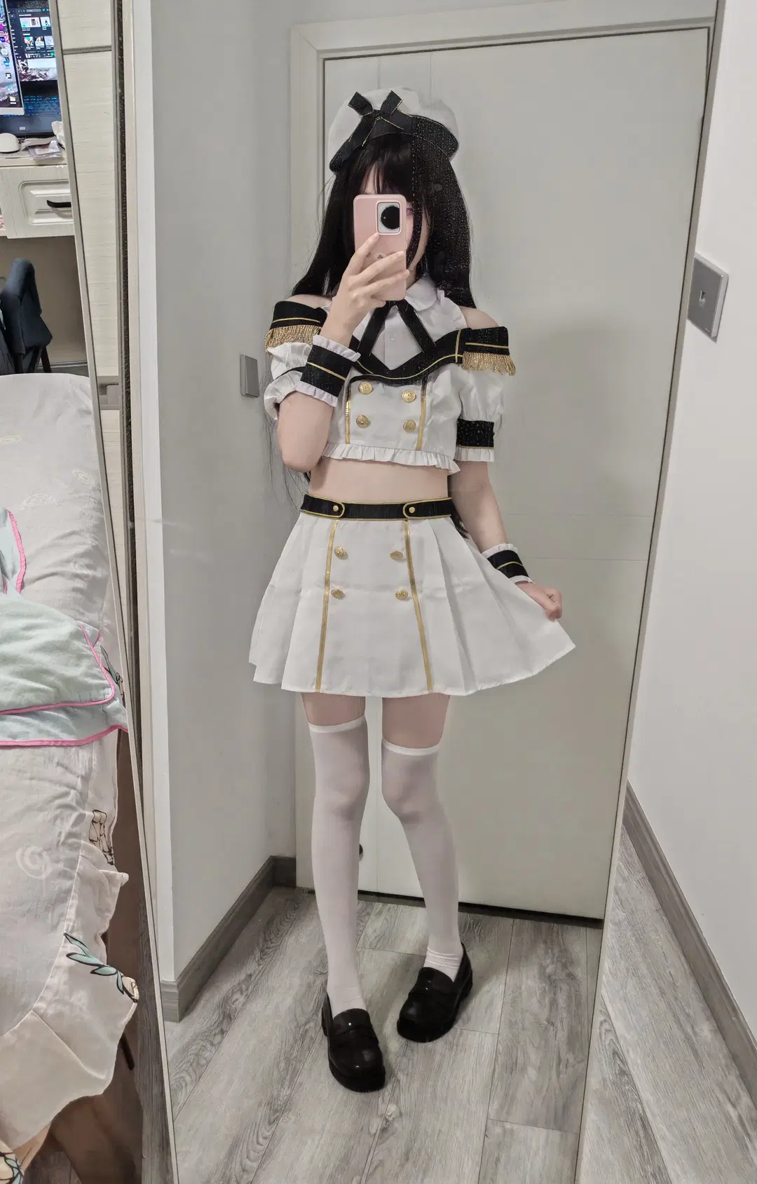 Anime cosplay, White over-the-knee socks, military-style sailor uniform, crop top and skirt set, bedroom mirror selfie
