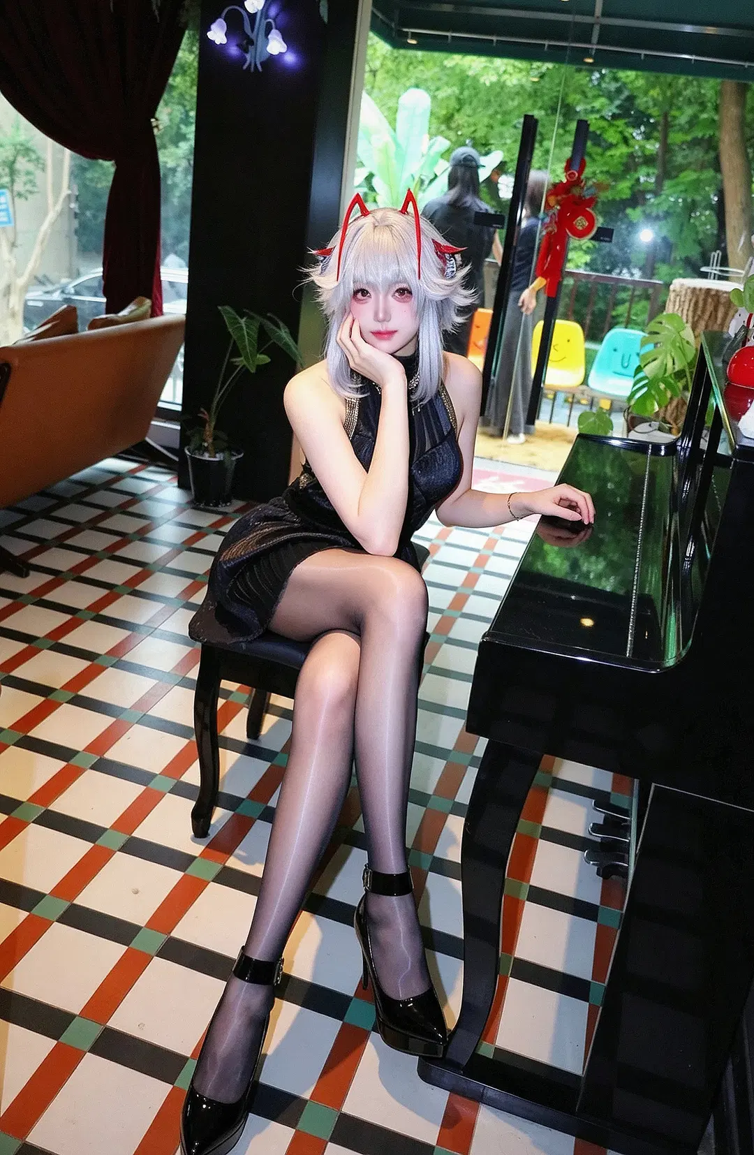 Anime-style photography, Arknights, Dark style, Black stockings, Patent leather high heels