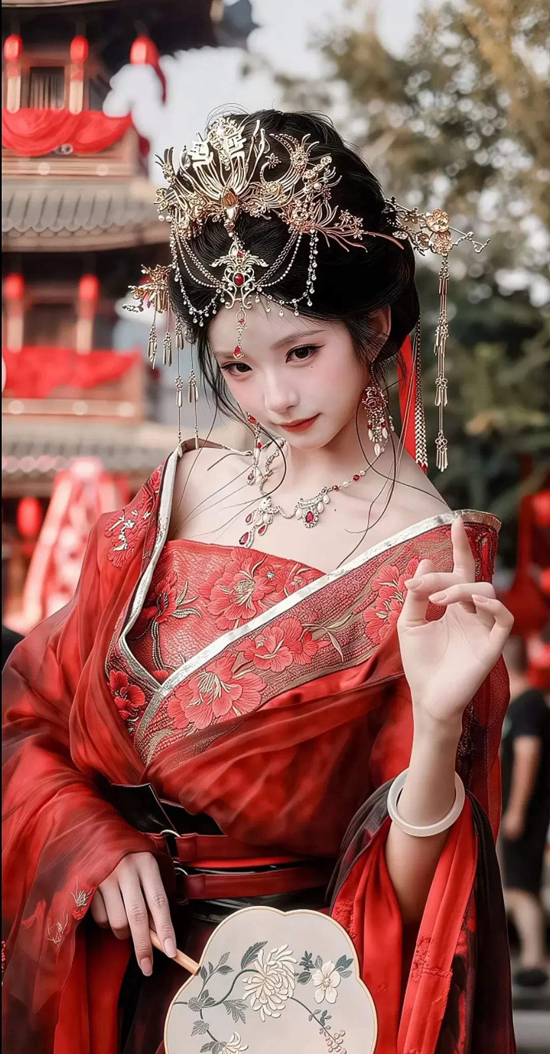 古风cos, 汉服摄影, 红衣妆造, 国风之美, 团扇少女