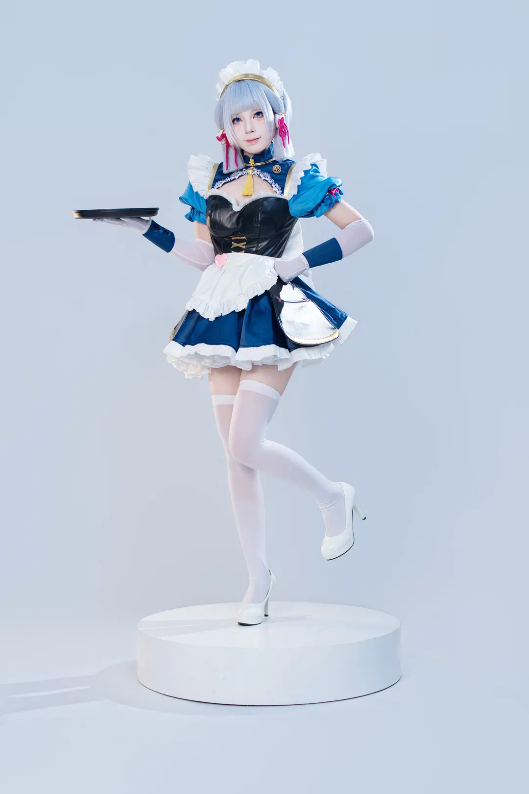 2D, Genshin Impact, Maid outfit, Kamisato Ayaka cosplay, White stockings