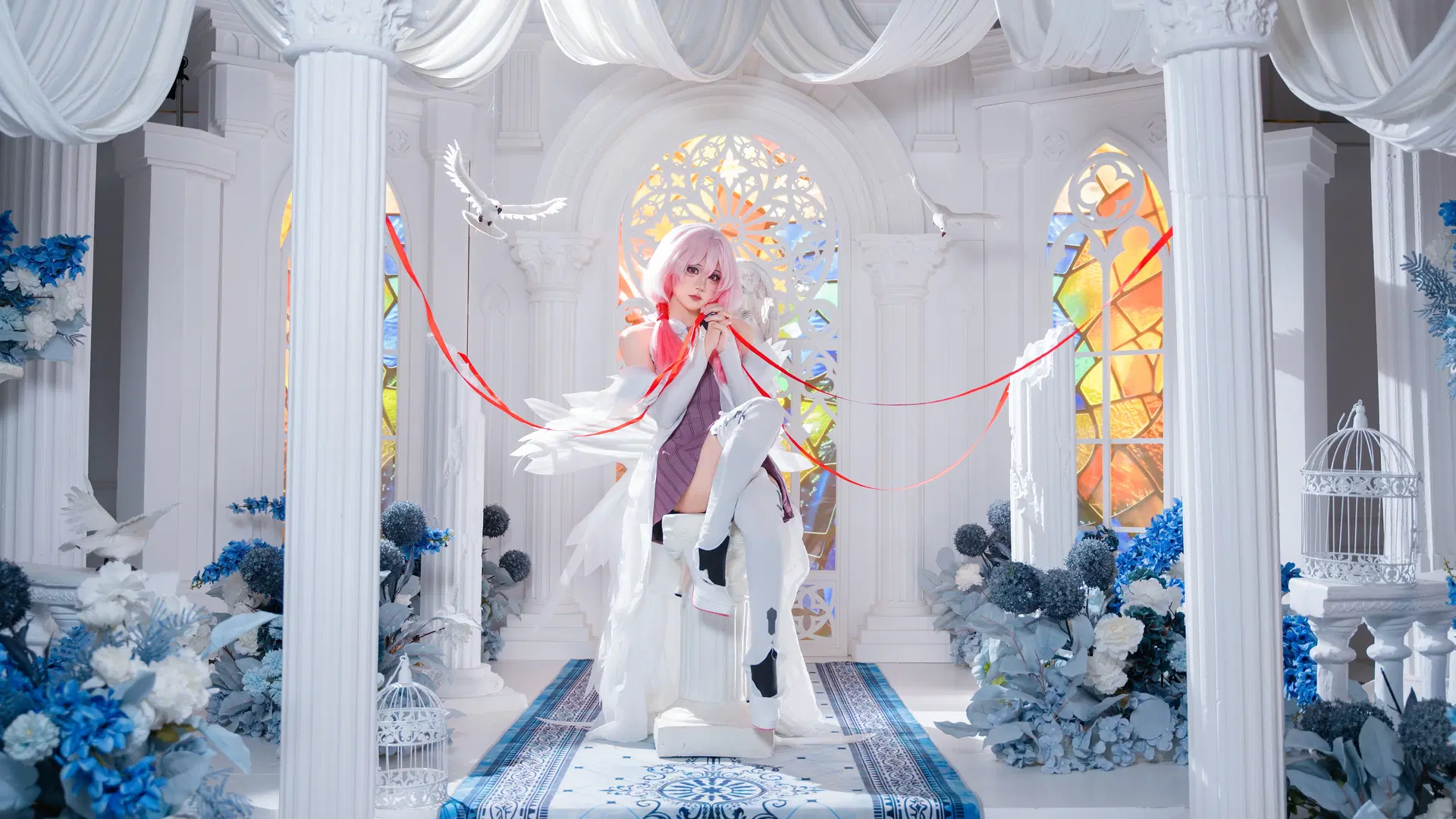 cosplay, White stockings, Yuzuriha Inori cosplay, Pure white studio shoot, red ribbon