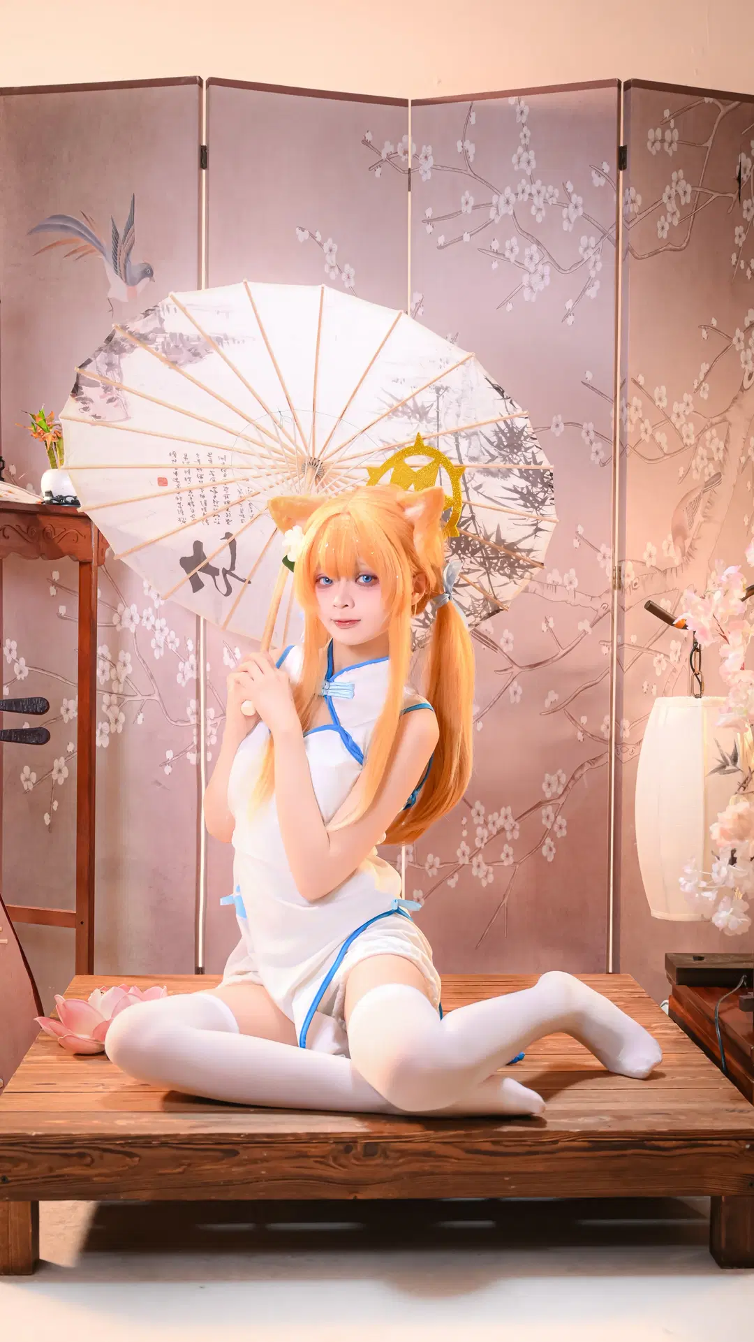 2D, Blue Archive, Qipao cosplay, Iochi Mari cosplay, White stockings