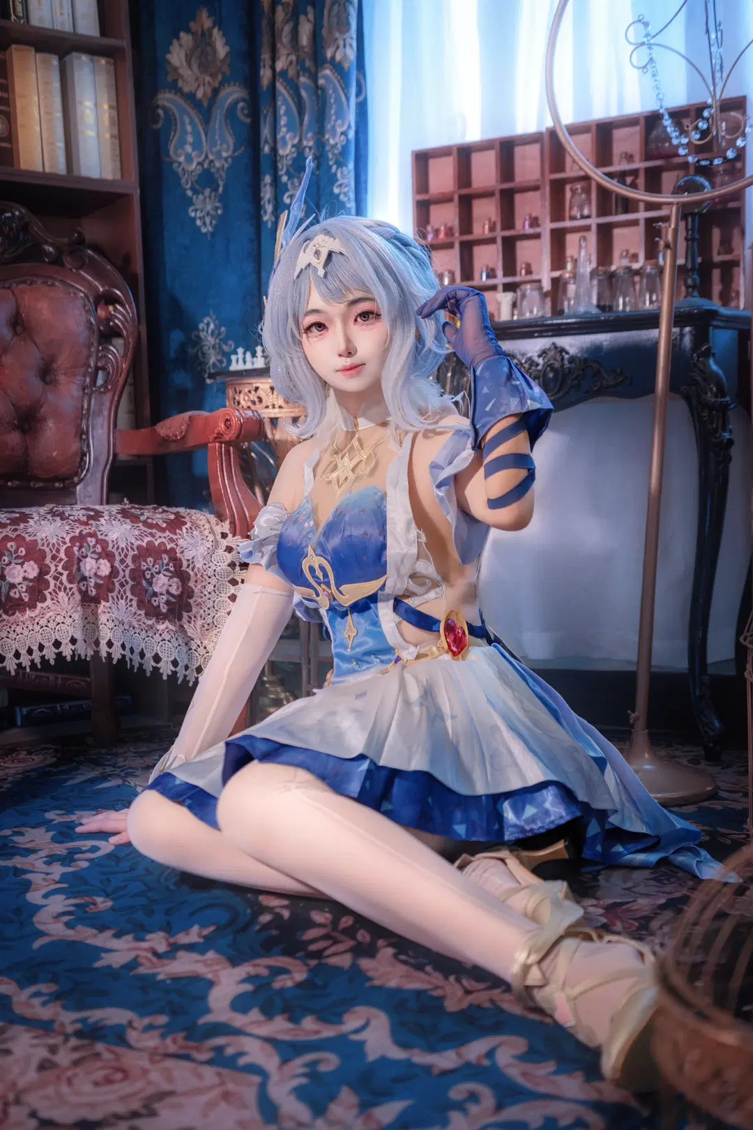 原神, 二次元cosplay, 蓝色系穿搭, 白丝袜, 奥黛塔cos