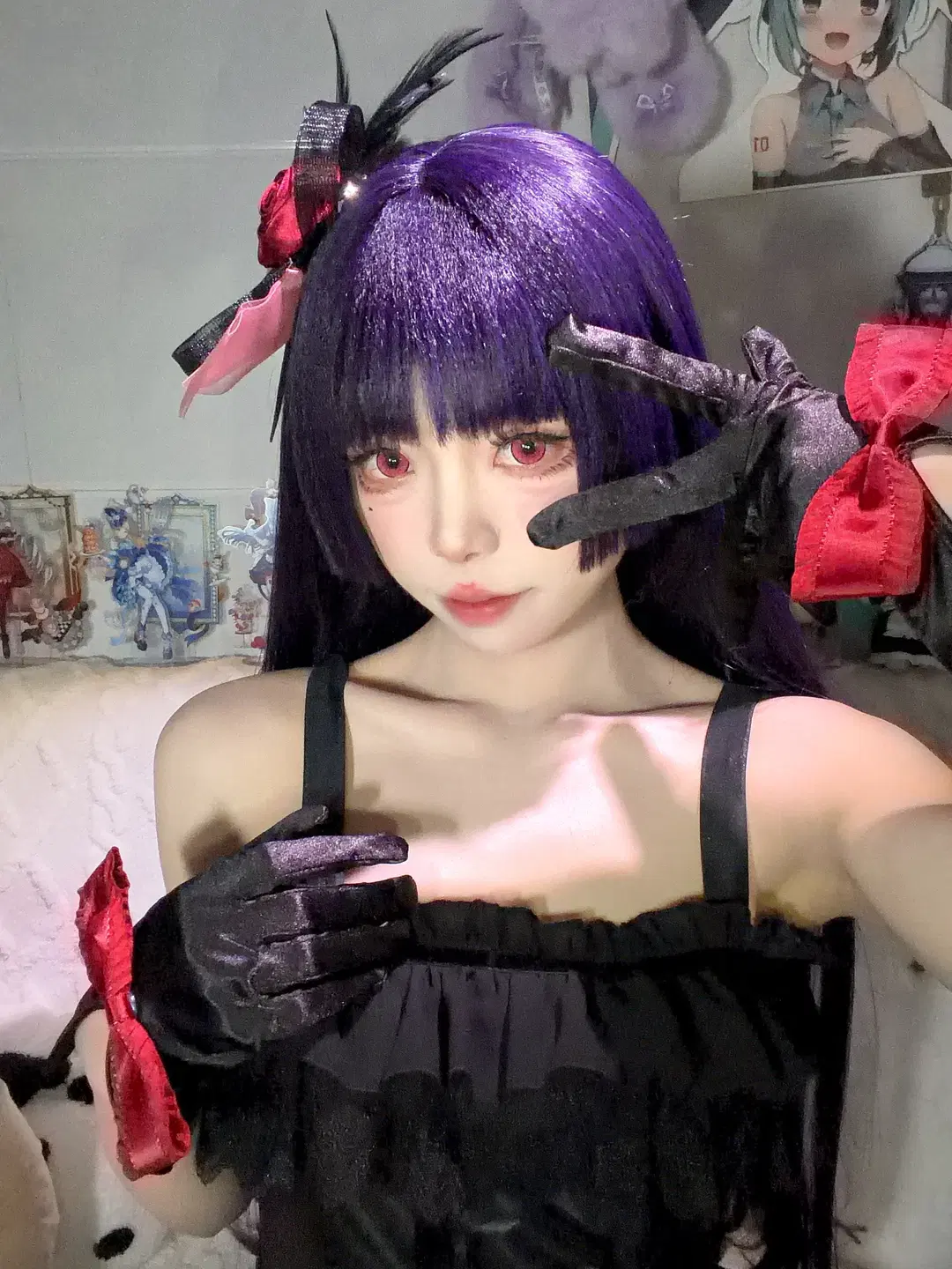 【五更琉璃cos】黑猫礼服试妆，紫发红瞳的哥特少女感 - 小柜 - 第3张