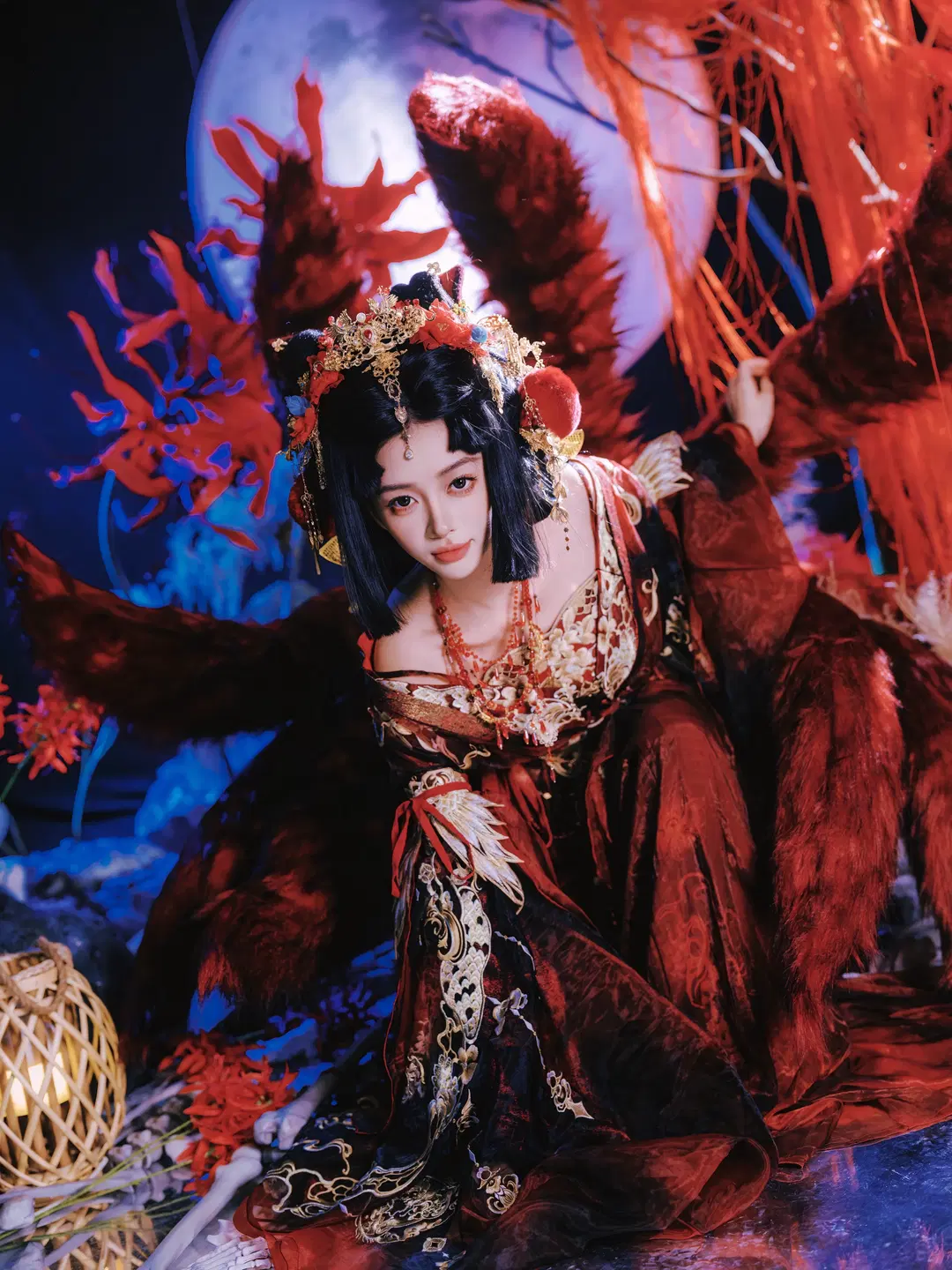 古风cos, 九尾狐cos, 暗黑摄影, 红黑汉服, 山海与妖灵