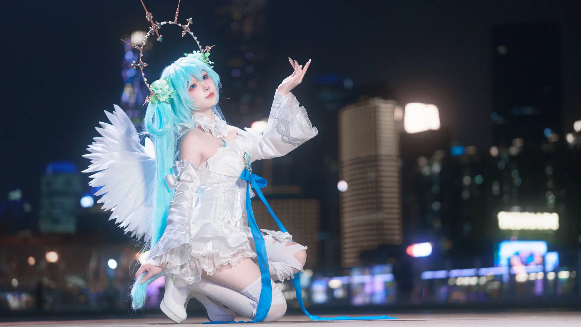 【初音ミク コスプレ】天使ミク 夜景コスプレ 本編撮影アーカイブ - 云离饱饱 - 3枚目