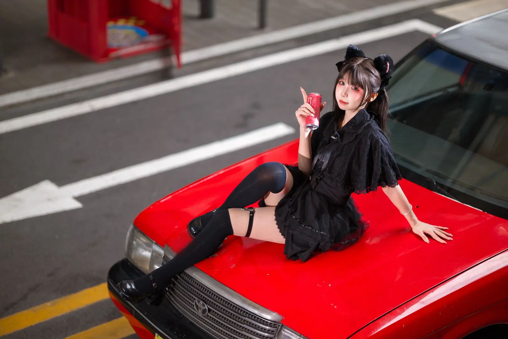 地雷系×黒のオーバーニーソックス甘め女子のレトロ街角スイートポートレート撮影記録 - 云离饱饱 - 5枚目