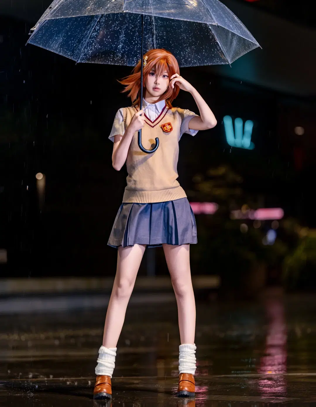 Anime-style photography, Misaka Mikoto cosplay, Sydney cosplay photography, A Certain Scientific Railgun, rainy night cosplay