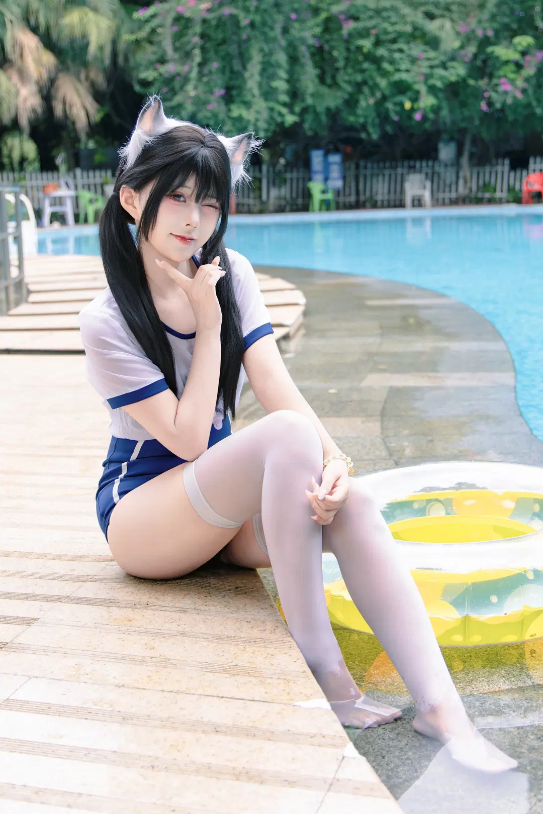 永劫无间, 泳装cos, 胡桃cos, 夏日泳池, 丝袜