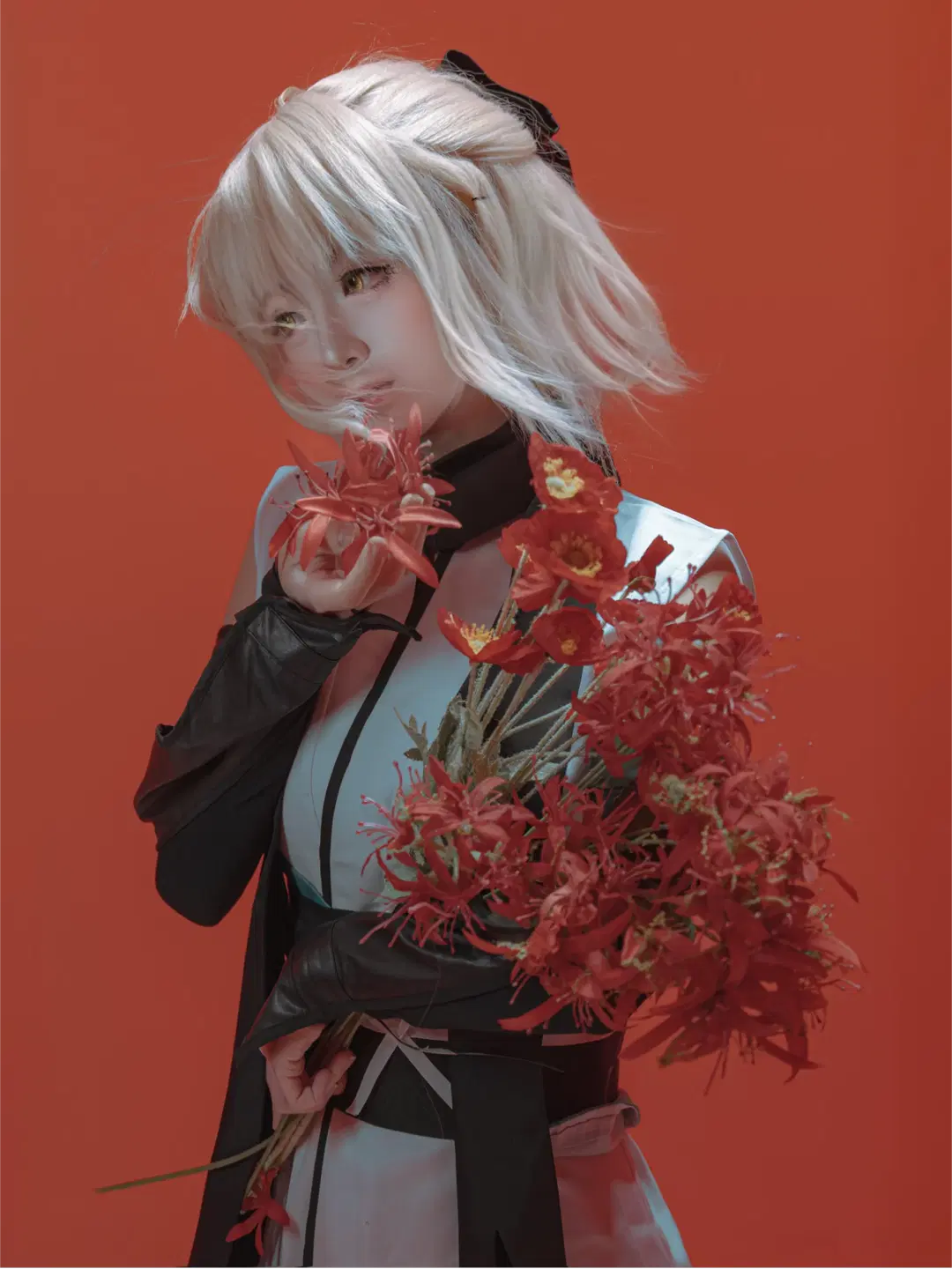 Fate/Grand Order, Okita Souji cosplay, White studio photography, Spider Lily, Shinsengumi
