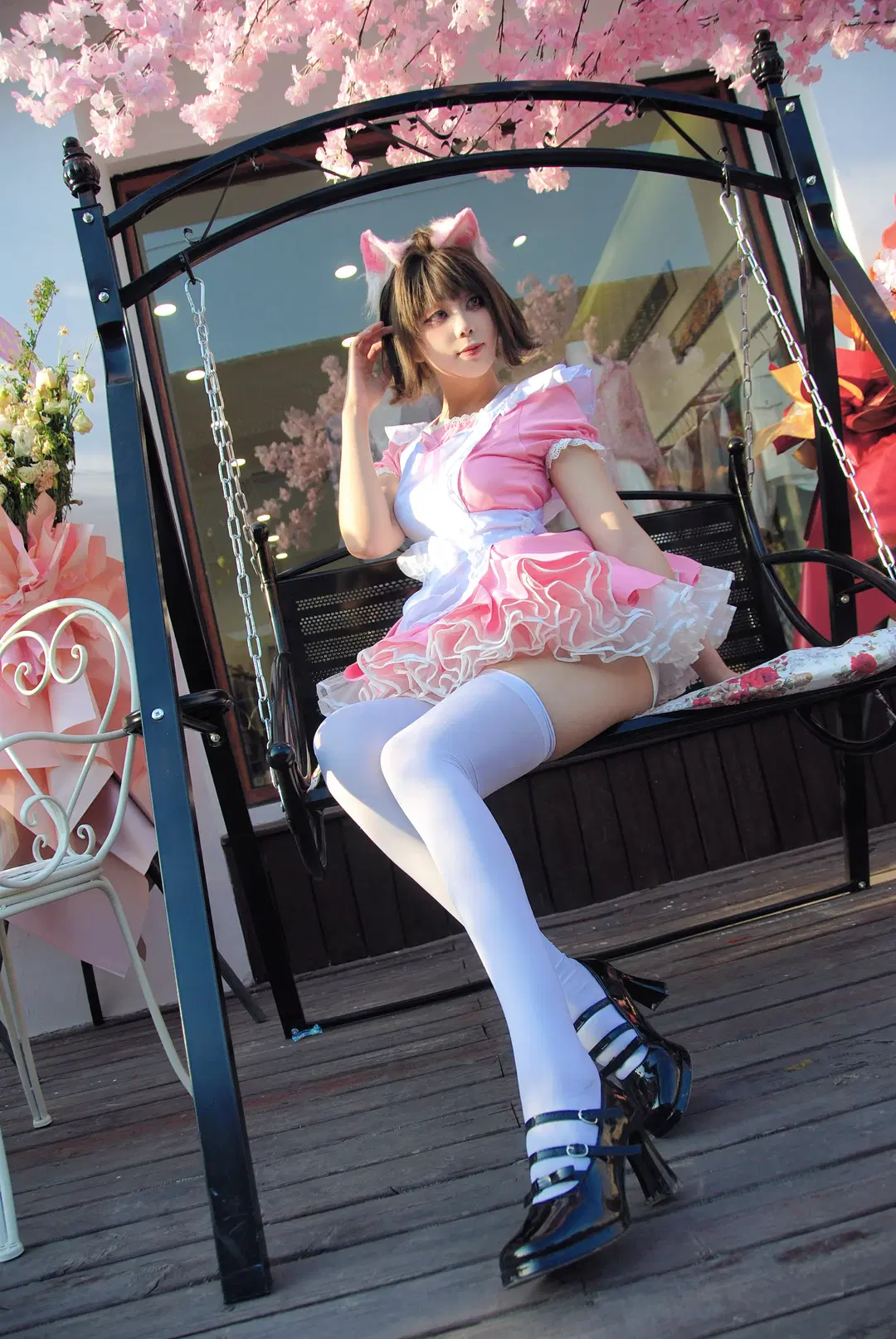 Maid outfit, Anime cosplay, White over-the-knee socks, sunlight photography, cherry blossom swing