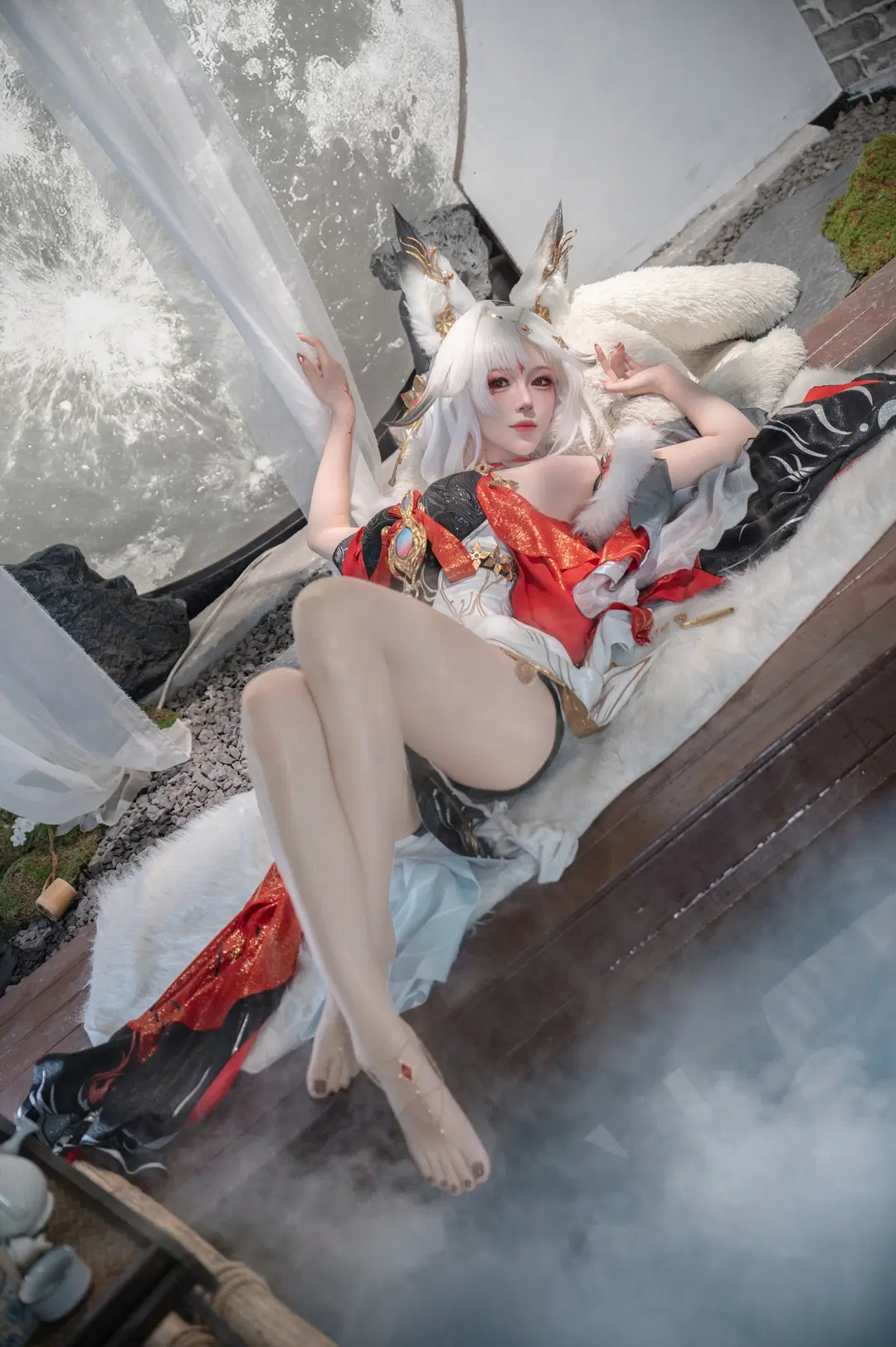 鸣潮, cosplay, 心月狐cos, 丝袜, 白发狐耳