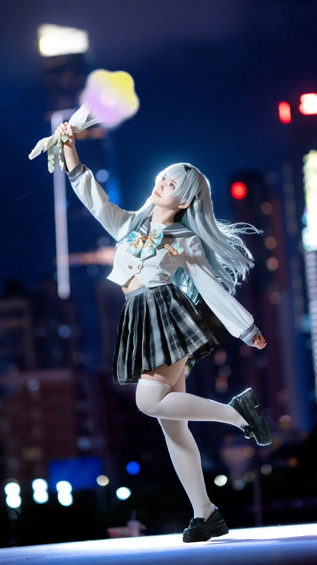 Honkai: Star Rail, Firefly cosplay, Night portrait, White over-the-knee socks, Electro Archon