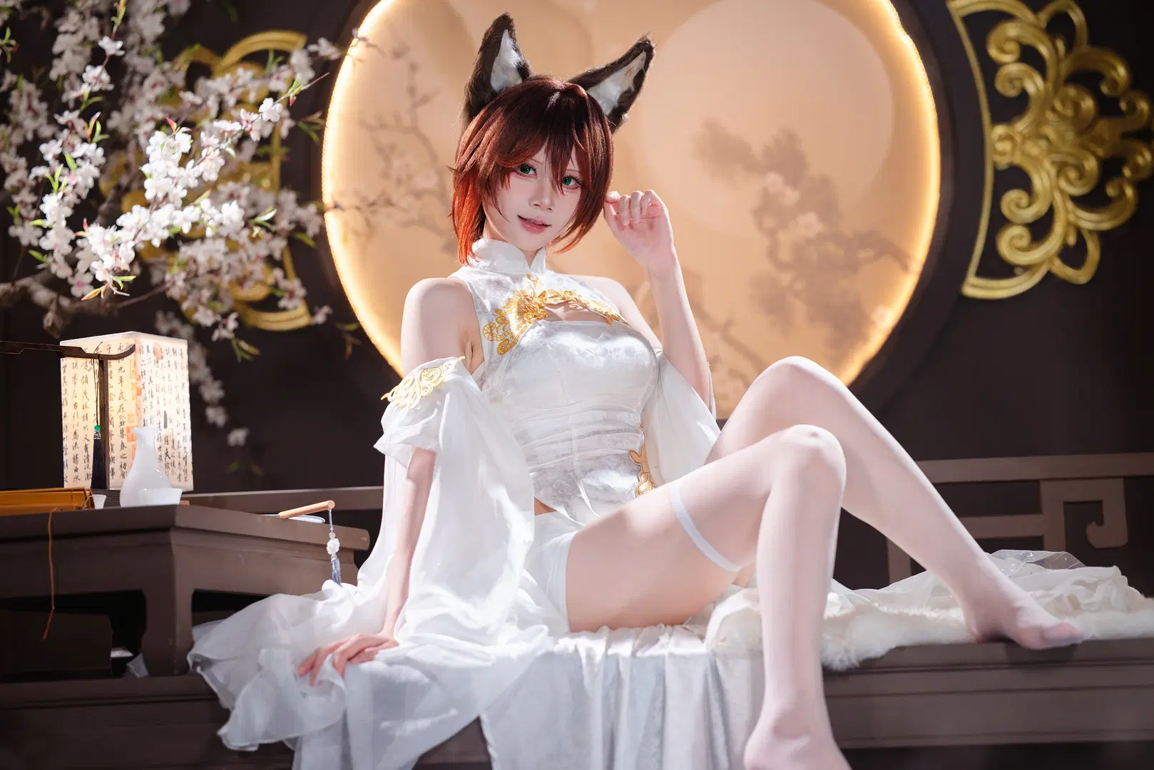 Qipao, Ancient style cosplay, Tingyun cosplay, Fluffy animal ears, White stockings